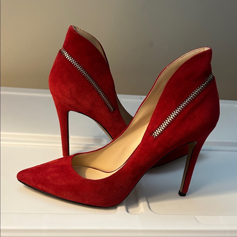 Nine West Red Suede Heels with Zipper Detail